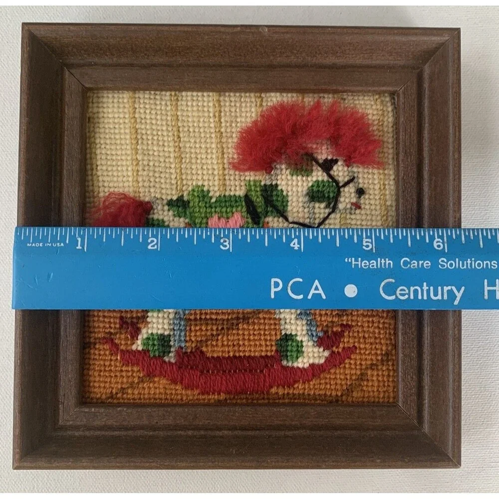 Vintage  Framed Needlepoint Rocking Horse Baby Decor Nursery Child 6.25” X 6.25”